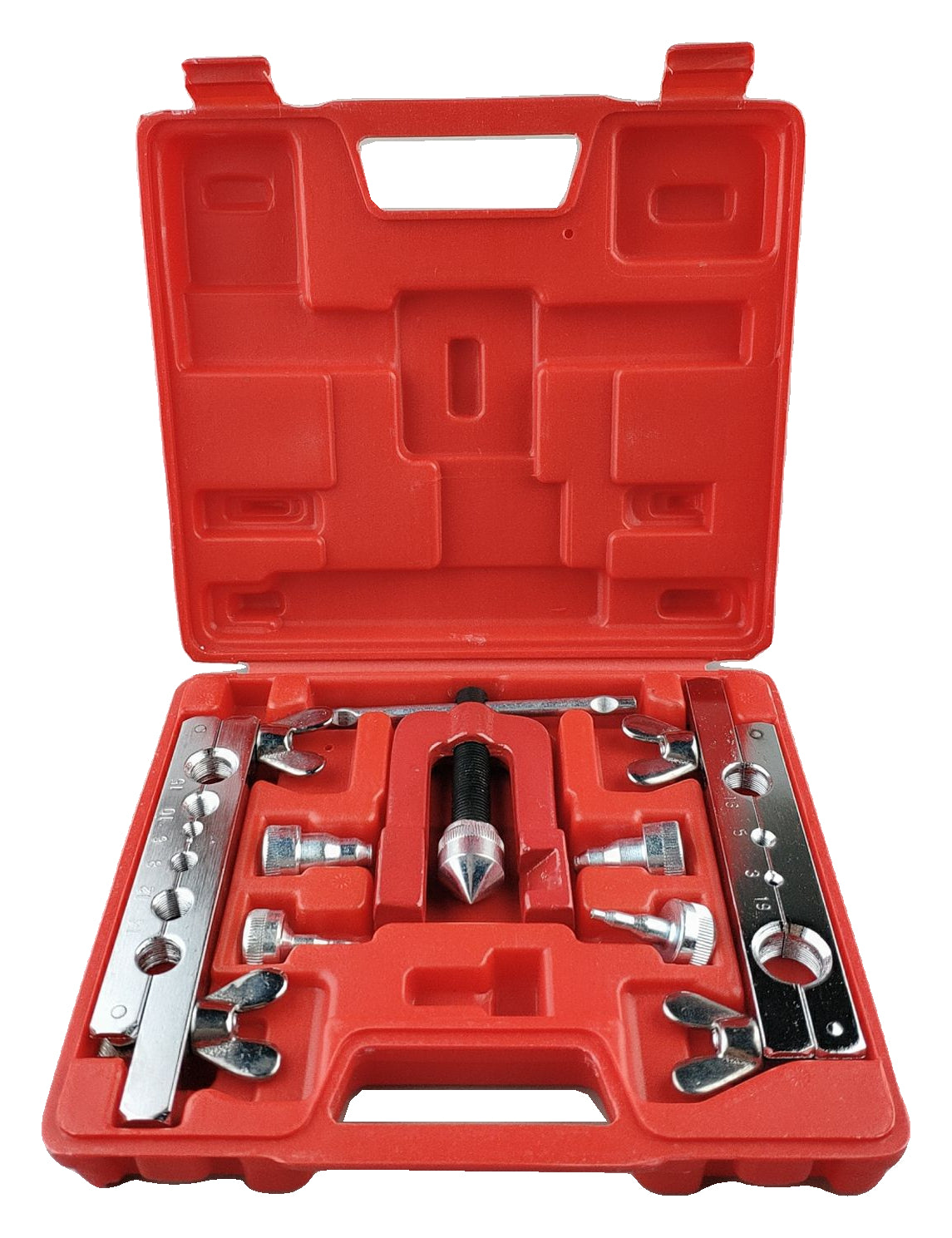Actual cutter-free 3-19 mm source kit with frame, clamp pieces and forming heads in one red case
