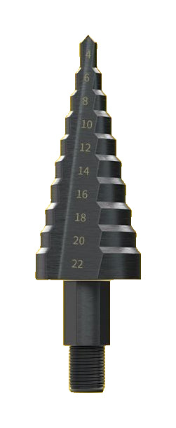 Actual complete straight-flute threaded-shank 4-22 mm step-bit example, without the separate demonstration drive holder