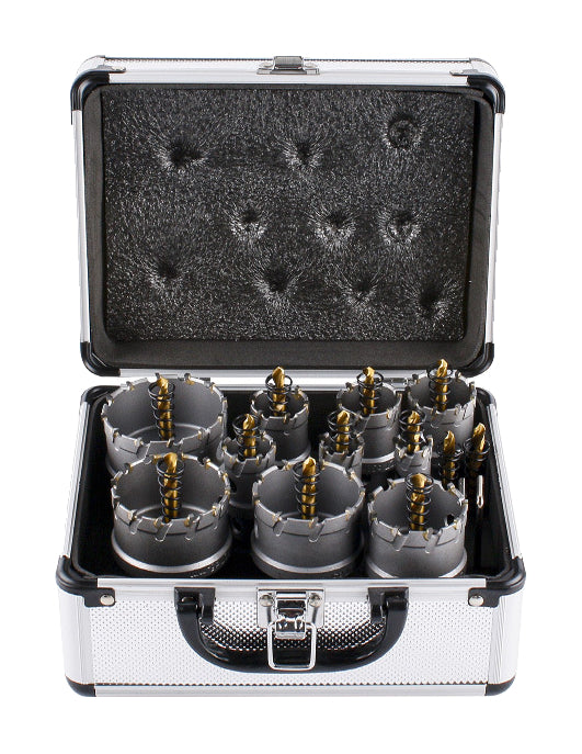 Actual source carbide hole-saw assortment in one open aluminum case; selected eight- or ten-piece configuration controls the contents