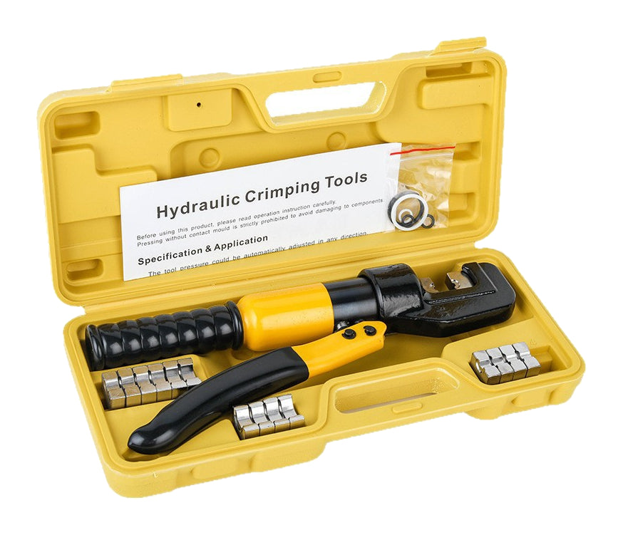 One yellow YQK70 hydraulic crimper with dies in an open yellow case on white