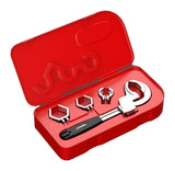 Actual boxed basin wrench with three fitting inserts; black handle is a source example, supplied color is unspecified