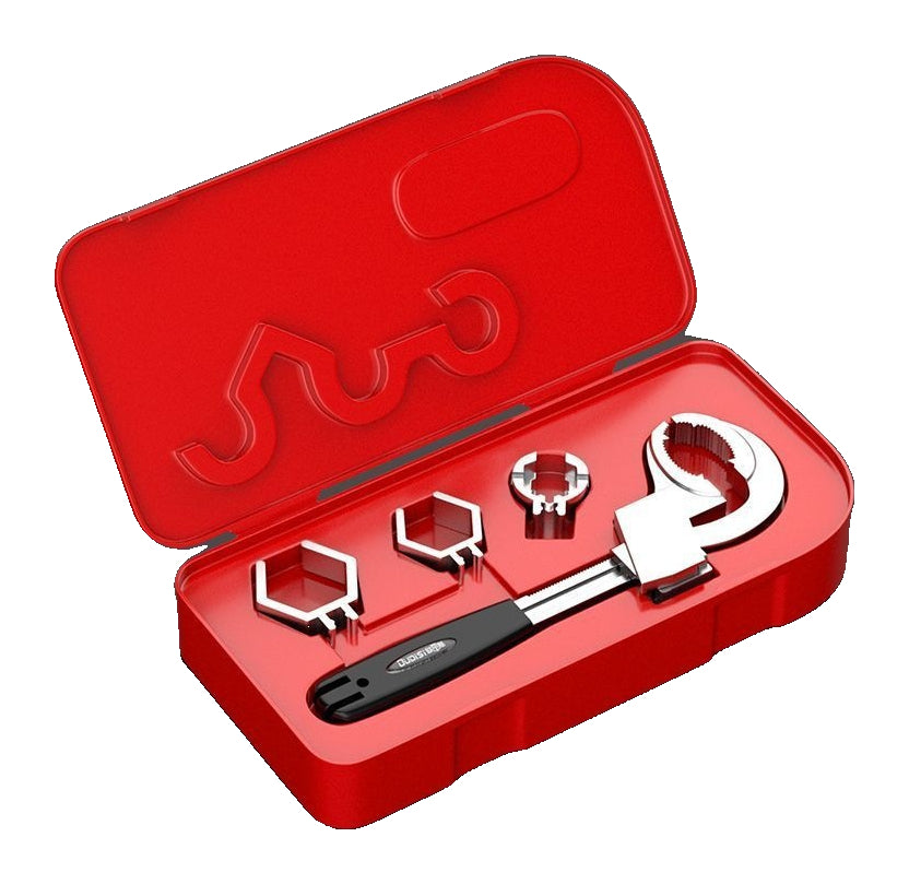 Actual boxed basin wrench with three fitting inserts; black handle is a source example, supplied color is unspecified