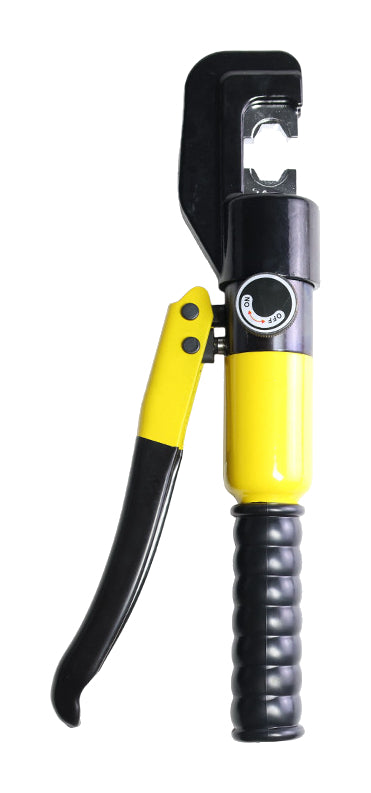 One yellow compact C-head manual hydraulic cable crimper on pure white
