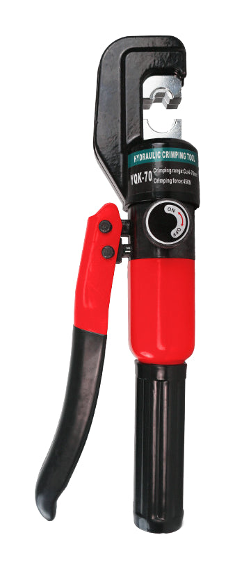 One red YQK70 C-head manual hydraulic crimper on pure white