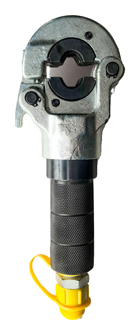 One silver and black CW1525F remote pipe press head with yellow port cap on pure white