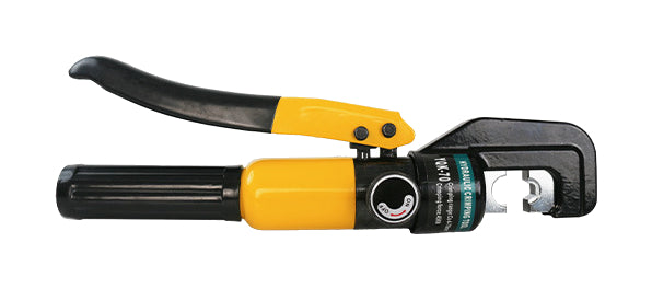 One yellow YQK70C manual hydraulic cable crimper on pure white