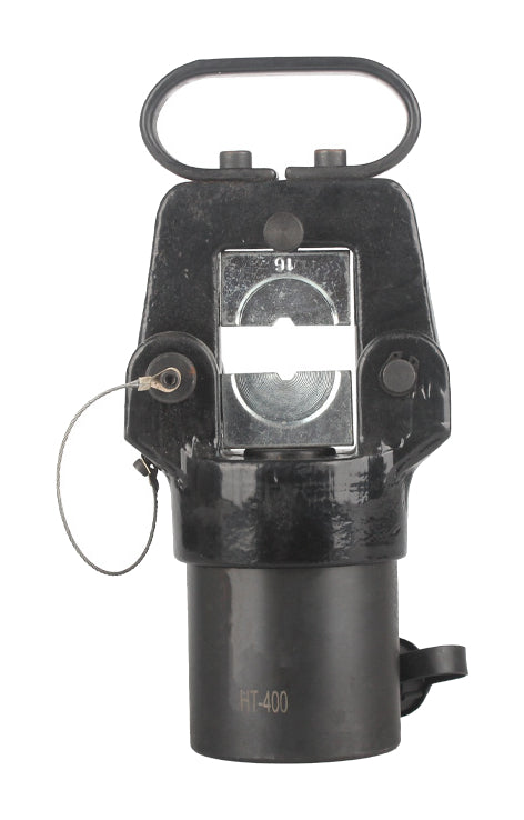 One black 400-class remote hydraulic crimping head with carry loop and retaining wire on white
