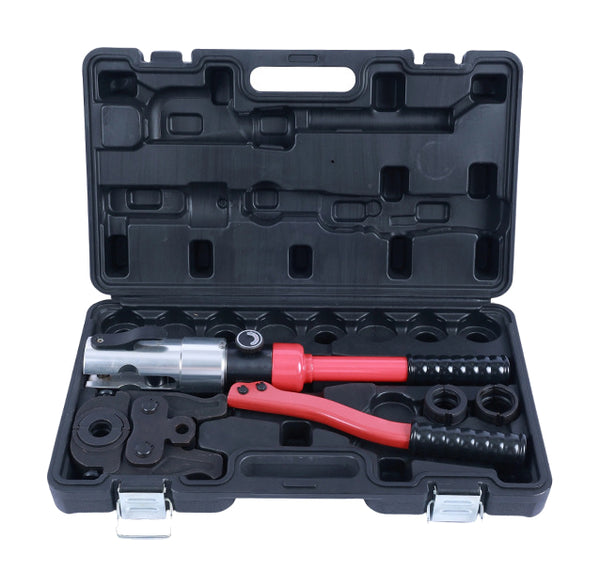 The gallery shows one red-and-silver CW manual hydraulic tool with catalog tooling in an open black case on pure white. It does not individually illustrate every profile package.
