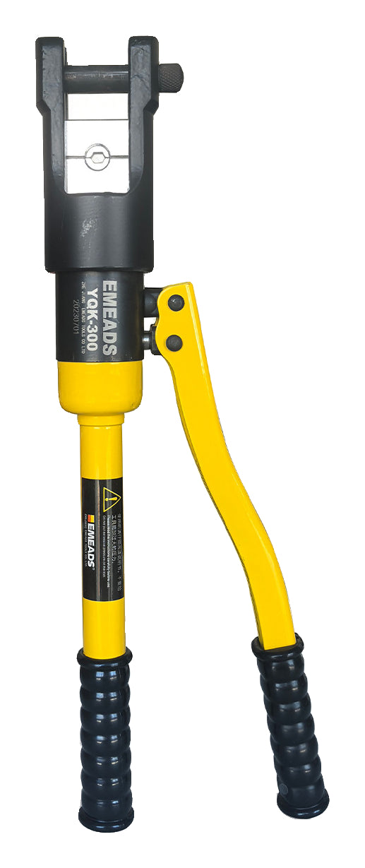 One yellow Yimiz YQK300 long-head hydraulic cable crimper on pure white
