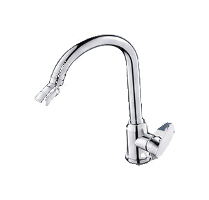 Actual installed single-cold silver faucet example isolated from the source kitchen; other head styles, finishes and hose configurations differ