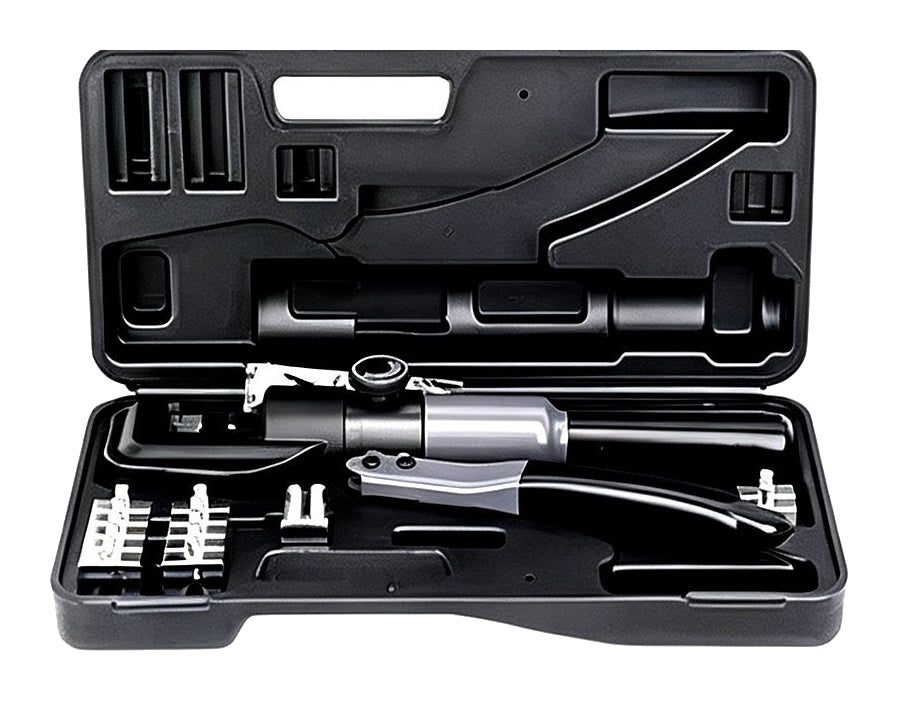the actual black-and-silver 70-model tool and dies in an open black case only on pure white