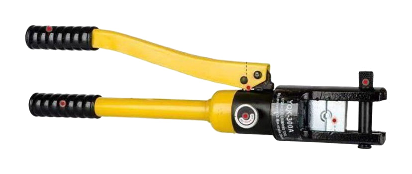 One yellow YQK300A open-head hydraulic cable crimper on pure white