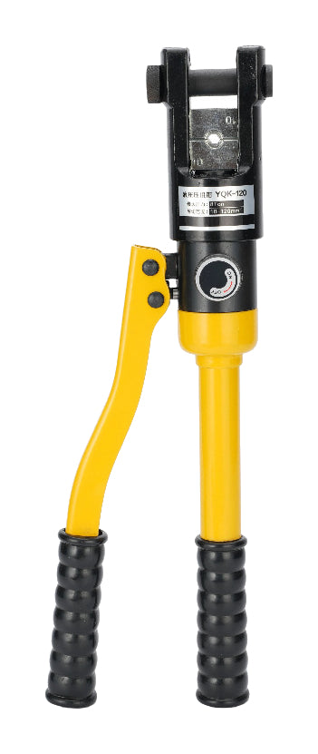 One yellow Zhuoma YQK120 long-head hydraulic cable crimper on pure white