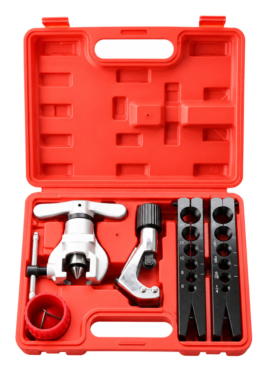 Actual red-case CT-808F toolkit with flaring frame, clamping plates, cutter and reaming component; blue CT-809 is different