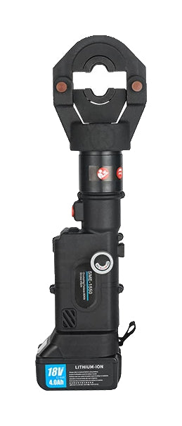 The gallery shows the actual black SME-1550 tool with its installed small-size clamping assembly and battery on pure white. Spare battery, charger, case and alternative tooling packages are included as specified but not individually pictured.
