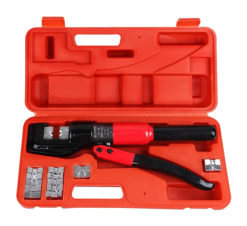 One red Delixi YQK70 hydraulic crimper with dies in an open red case on white