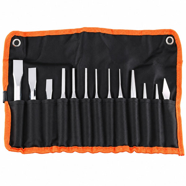 13-piece punch set arranged in black roll pouch