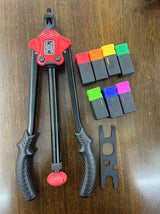 Actual610 long-pull-rod tool with seven metric head boxes and wrench on a wooden surface