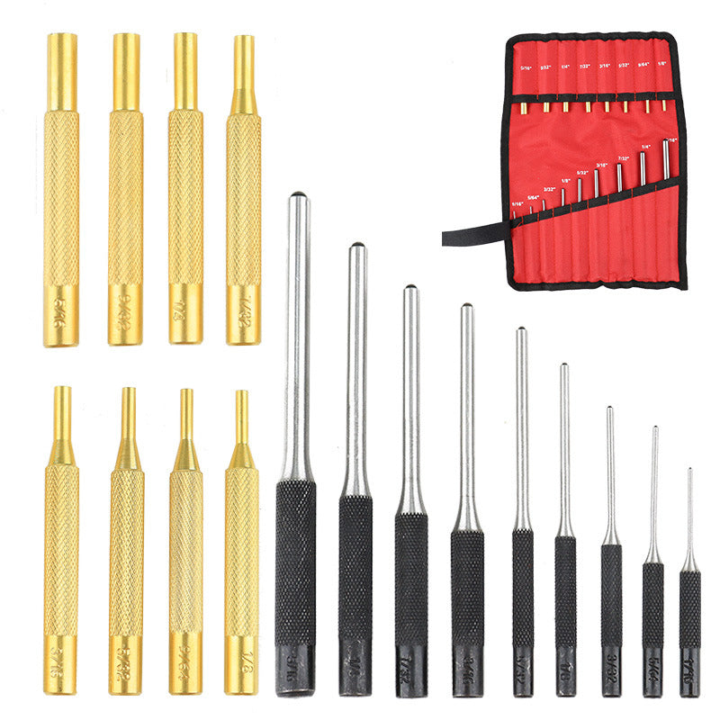 Seventeen pin punches arranged with red roll pouch on white background
