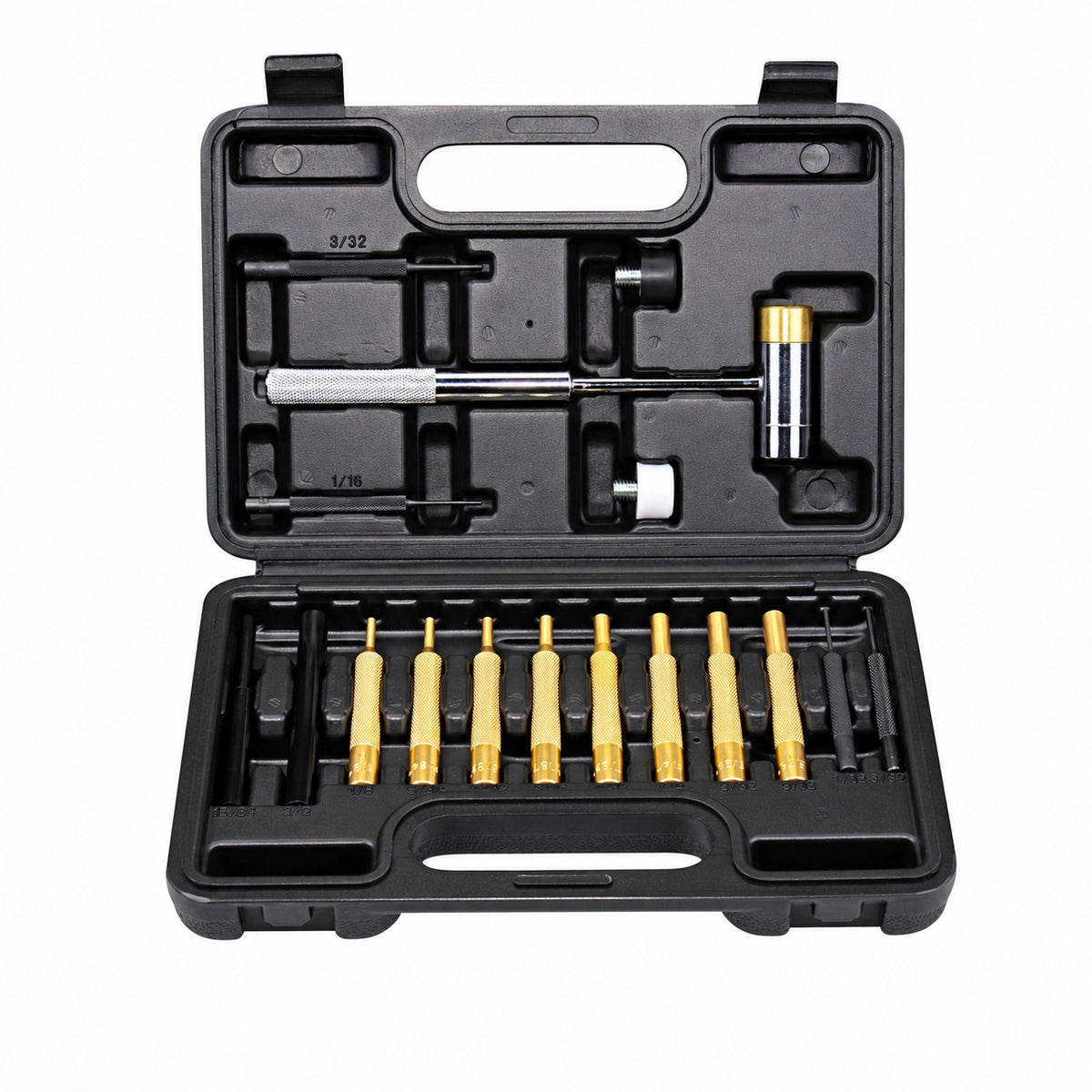 17-piece pin punch set and brass-faced hammer in open black case