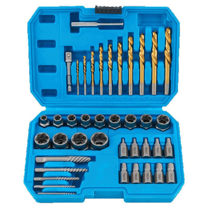 40-piece broken fastener extractor set arranged in blue storage case