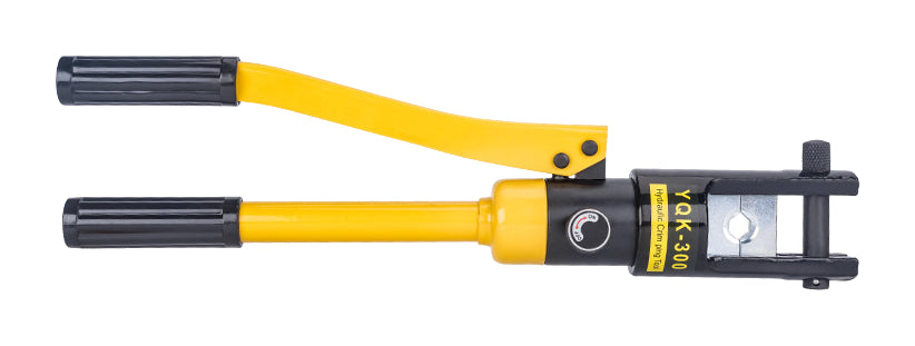 One yellow Jimu YQK300 manual hydraulic cable crimper on pure white