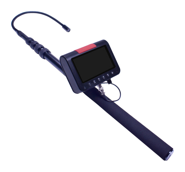 VD38 inspection instrument with pole-mounted display and flexible camera probe on a pure white background