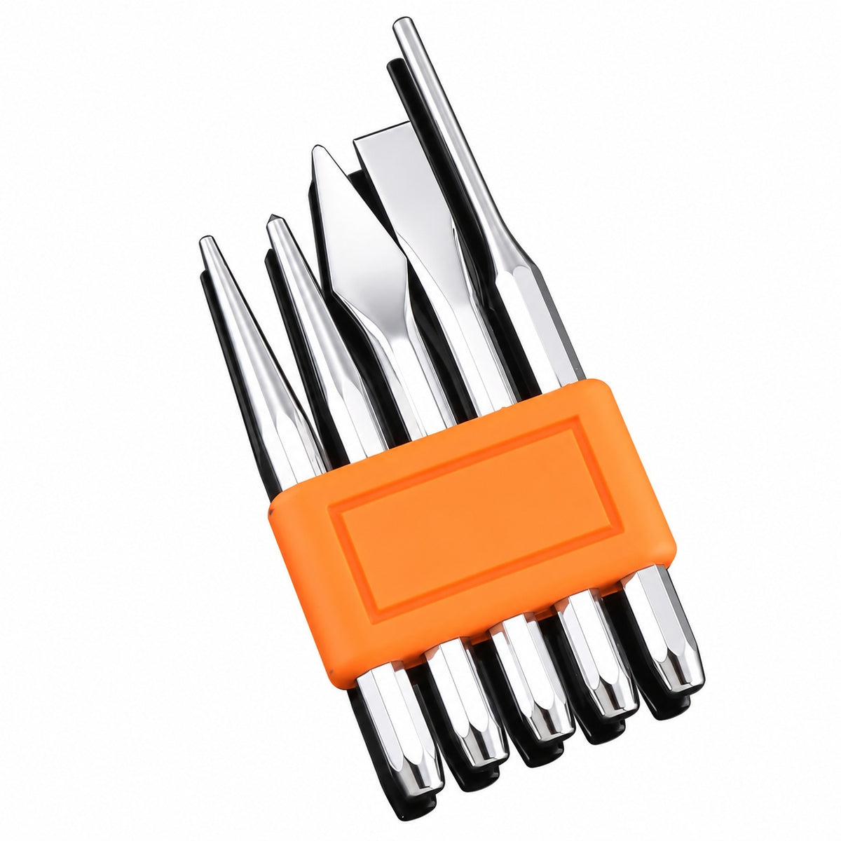 Five-piece punch and chisel set in orange holder