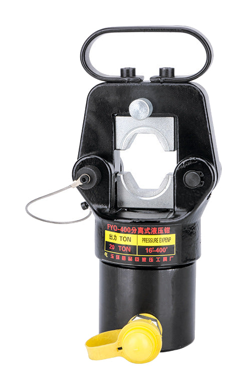 One black Pinchen FYQ400 remote crimping head with yellow hydraulic port cap on white