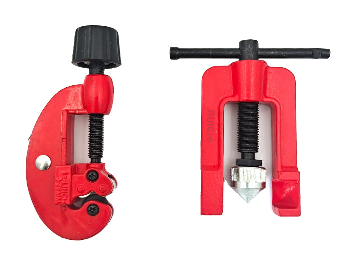 Actual pipe-cutter and manual-frame components included in the complete tube-expander kit