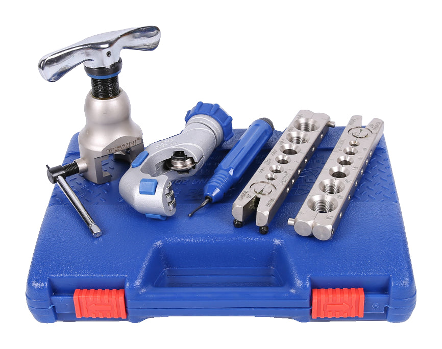 Actual WK-808FT flaring components, clamp plates, cutter and reaming tool resting on the supplied blue case