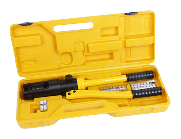 The gallery shows one actual yellow HHY-series crimper kit in an open yellow case on pure white. Other models and die assortments are not individually pictured.