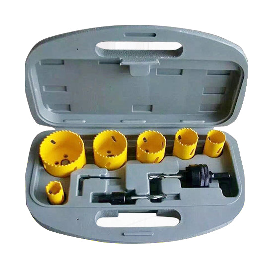 Actual pipe-tee cutter cups and drive components in one gray kit case