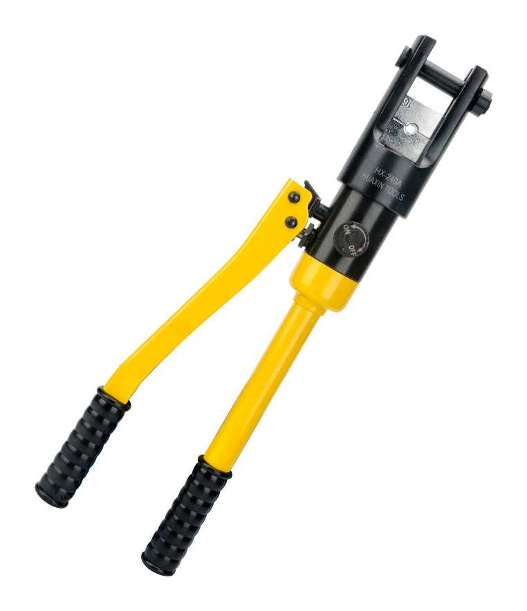 One yellow Huanhu HHY-A long-head hydraulic cable crimper on pure white