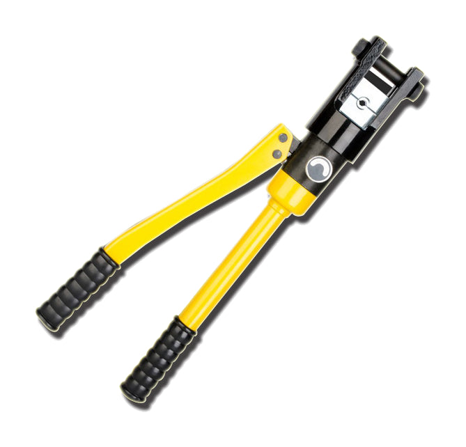 One yellow manual hydraulic cable crimper with black grips on pure white