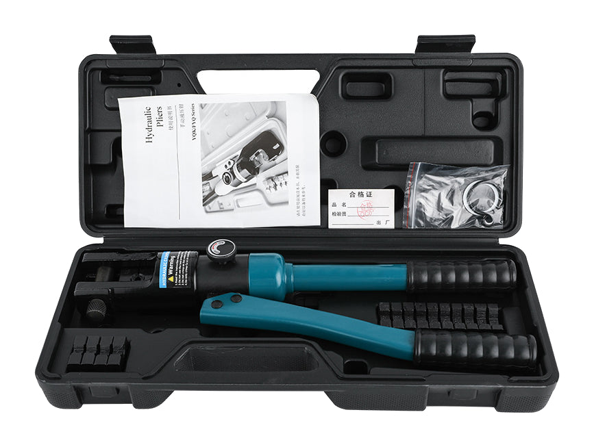 One teal Yugong long-head hydraulic crimper and dies in an open black case on white