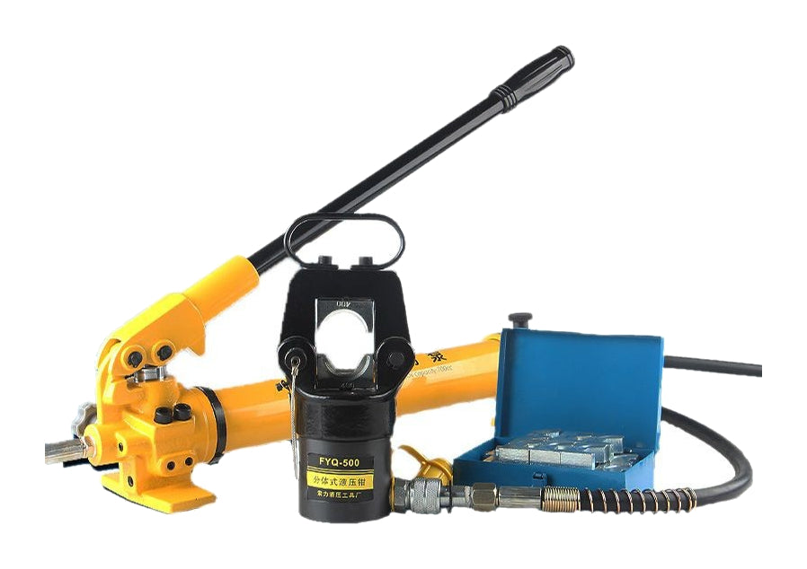 One Taiyou FYQ500 crimping head with yellow manual pump hose and blue die box on white