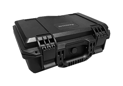 Closed black 2030 protective storage case with latches, carrying handle and actual embossed brand marking on white; lining is not visible