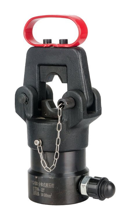 One black FYQ500 remote hydraulic crimping head with red loop and retaining chain on white