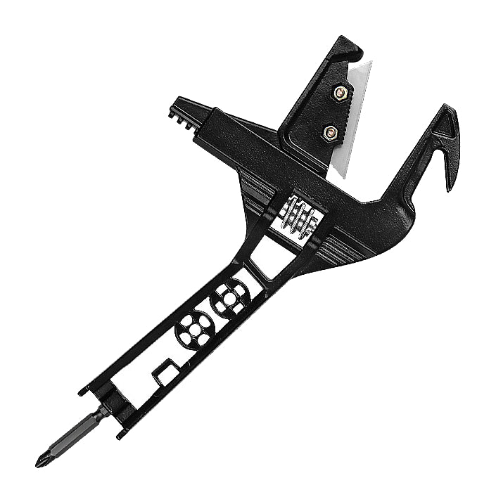 Actual black adjustable basin wrench with reversible-jaw arrangement and illustrated driver fitting