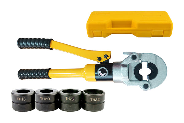 The gallery shows the actual yellow integral TH16/20/26/32 tool with its closed yellow case and four die pairs on pure white. Remote/mechanical models, chrome finish and other die profiles are not individually pictured.