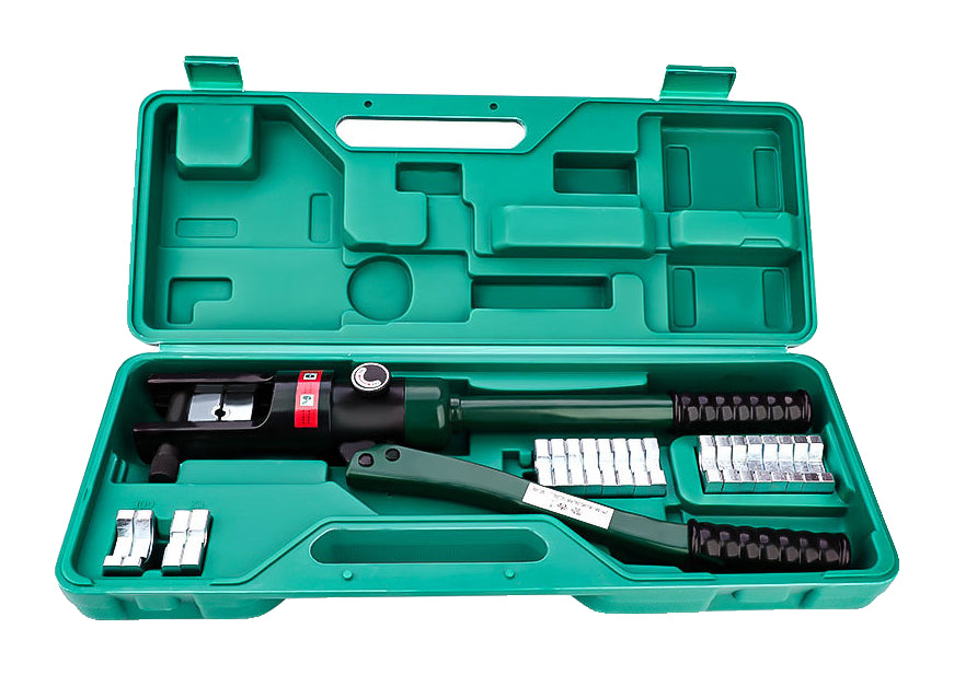 One green Tuosen19068 /300 manual hydraulic crimper with dies in an open green case on white