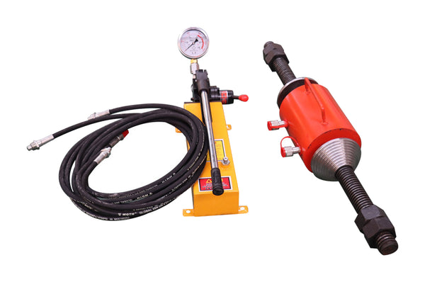 The gallery shows the actual source-series bushing press with a manual pump, hose and gauge on pure white. Other functions and capacity classes are not individually shown. A Press Only selection does not include the pictured manual pump or its hose package.
