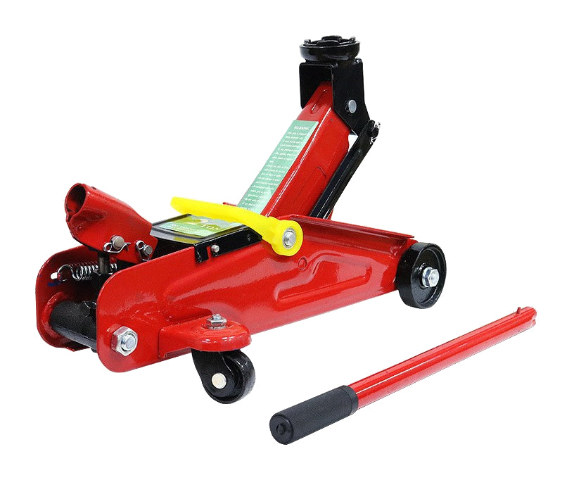 One red hydraulic trolley jack with its operating handle on pure white