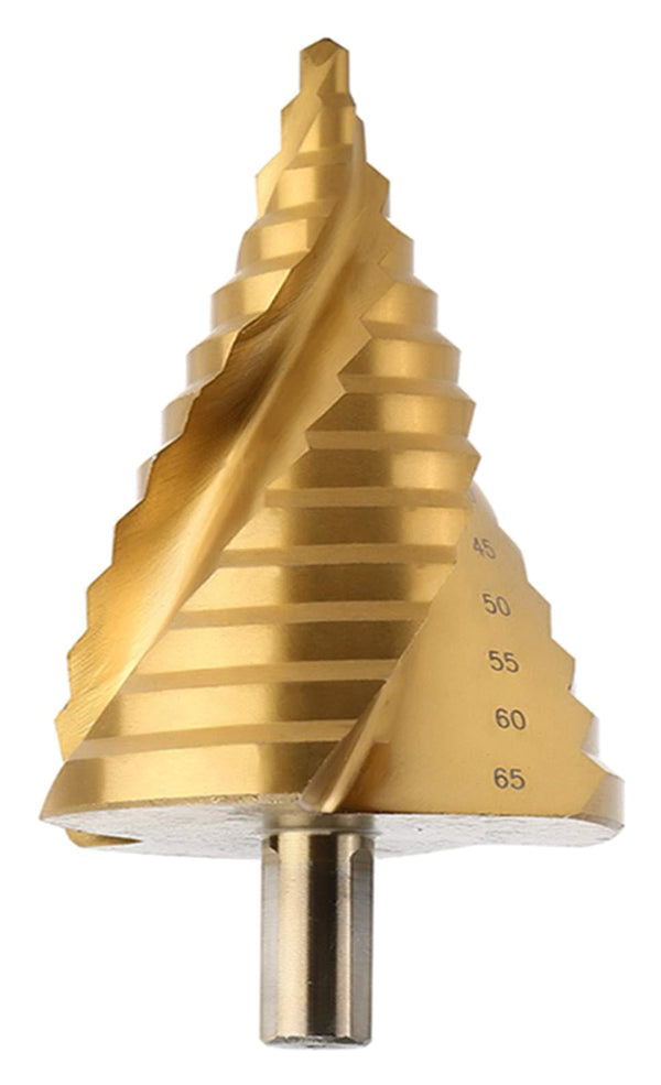Actual complete gold-finish 6-65 mm source step bit; this family uses a 10 mm shank