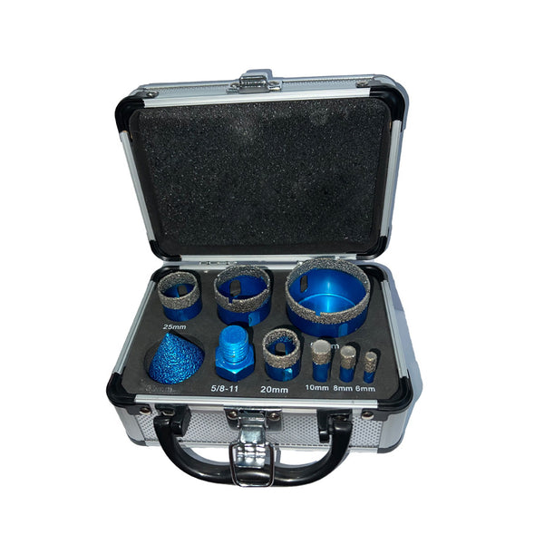 Actual 9-piece blue diamond drilling kit with hex adapter on white