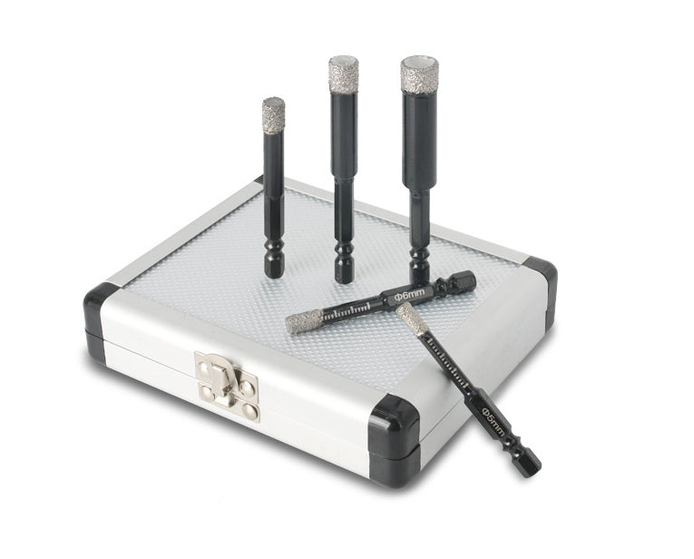 Actual 5-piece hex-shank diamond tile drill set on white