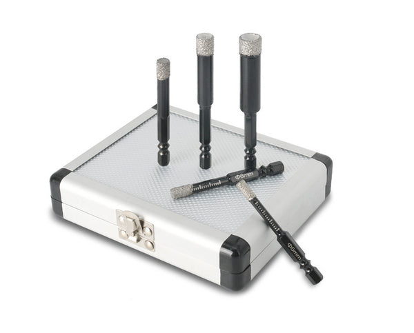Actual 5-piece hex-shank diamond tile drill set on white