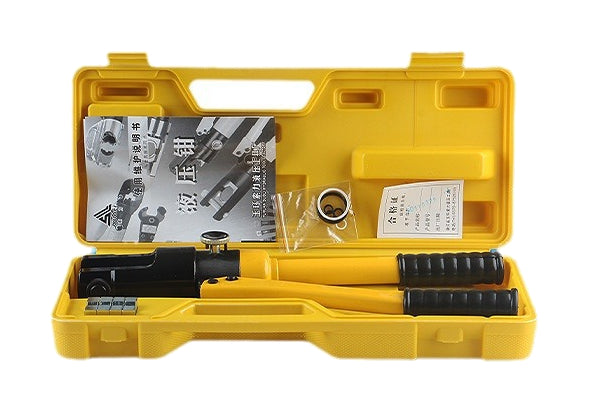 One yellow Taiyou YQK hydraulic crimper and dies in an open plastic case on white