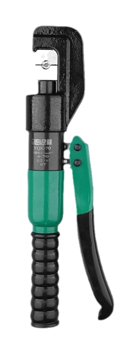 One green Greener YQK70 C-head manual hydraulic crimper on pure white